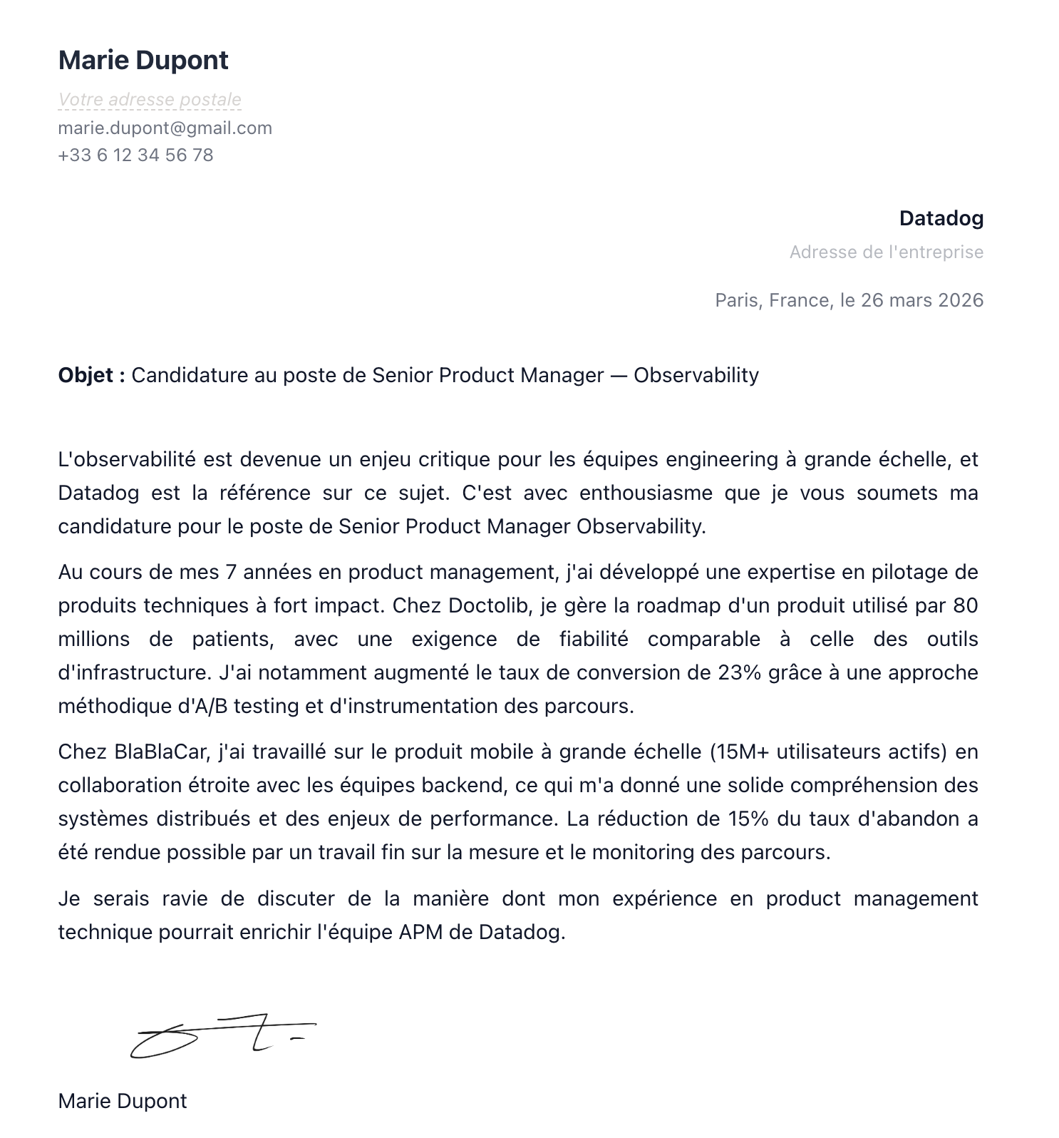 Lettre de motivation adaptée à l'entreprise