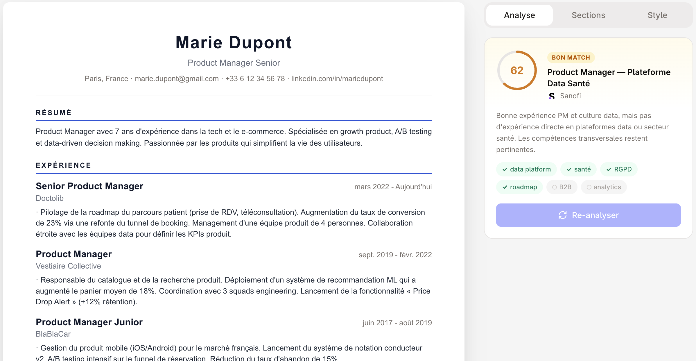 Embauchable — CV adapté par l'IA pour chaque offre